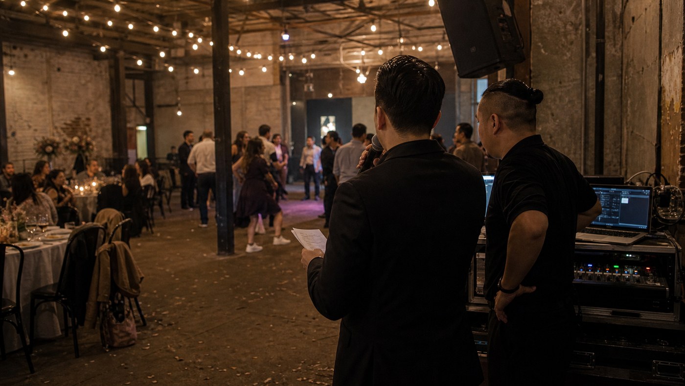 Late-night Marrickville warehouse wedding with MC and sound tech beside the dance floor