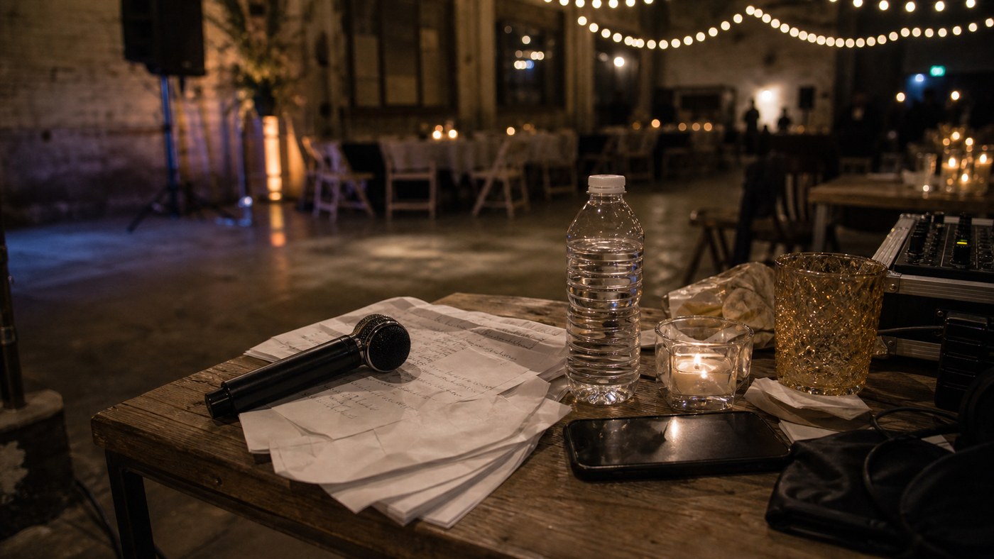 Warehouse wedding side table at 1AM with microphone, water bottle, cue cards, and empty dance floor beyond