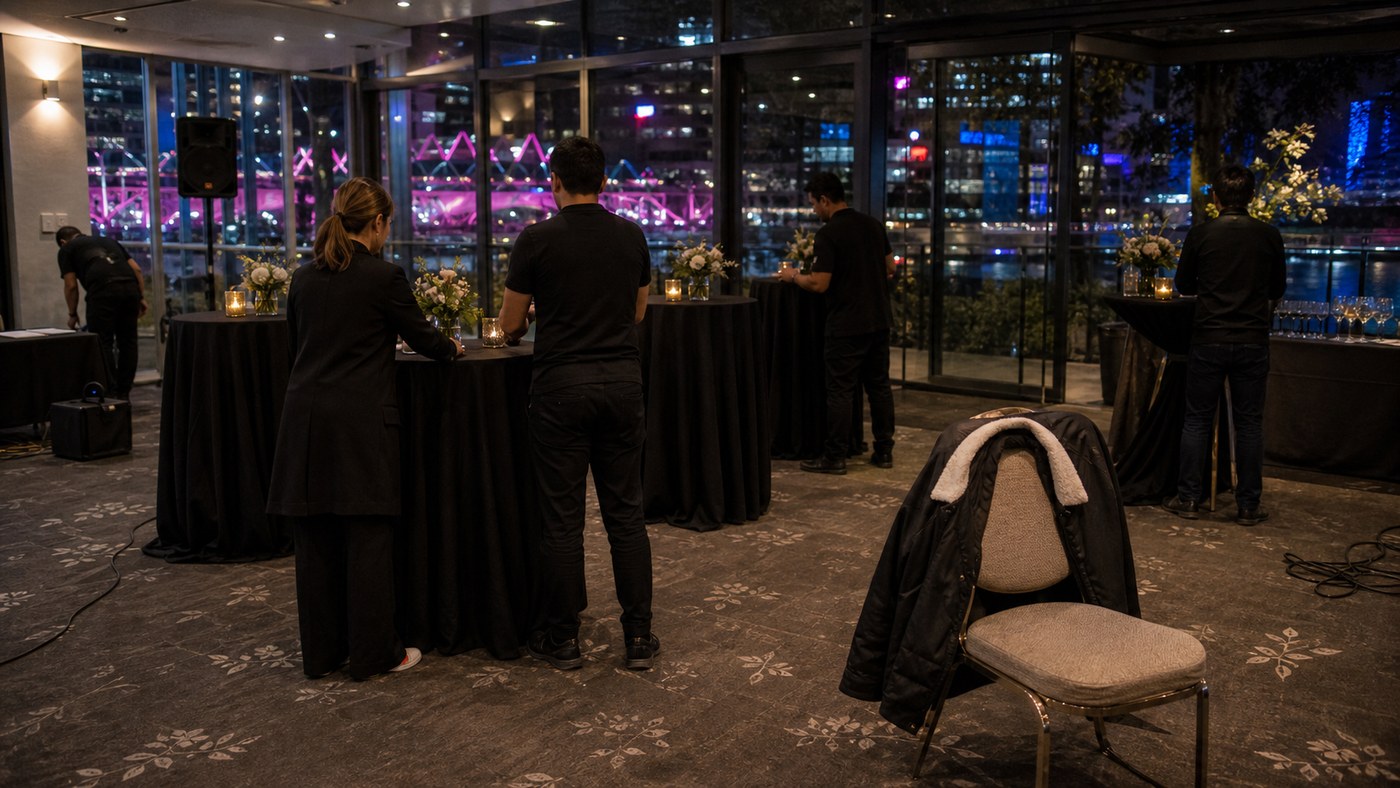 Documentary-style EOFY event setup at a glasshouse venue with staff adjusting tables in daylight
