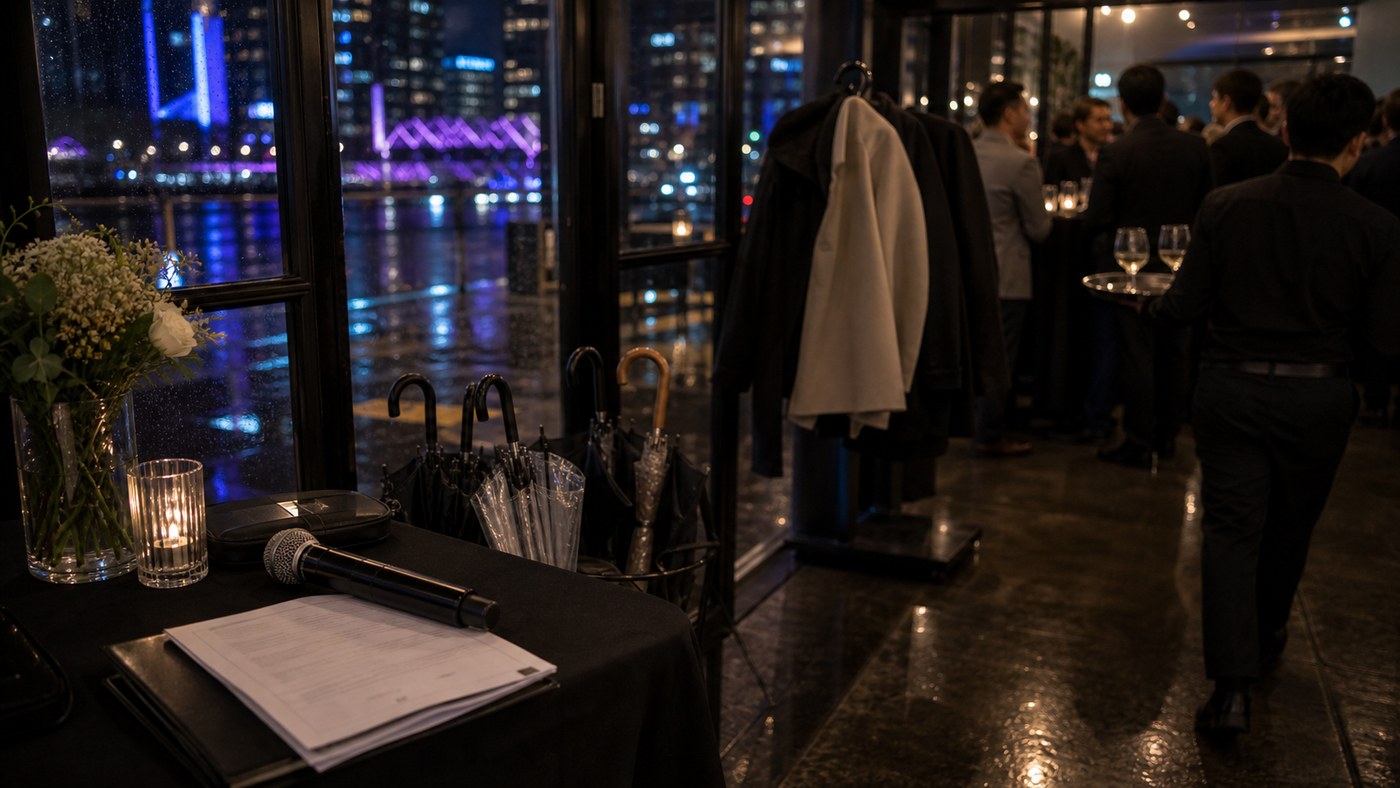 Candid night event moment with Vivid-style reflections, guests arriving, and an MC checking notes