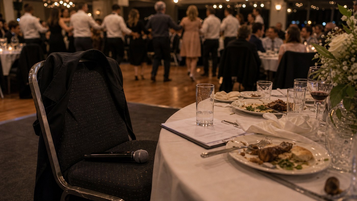 Late-night Greek wedding dance-floor edge with microphone and folded run sheet