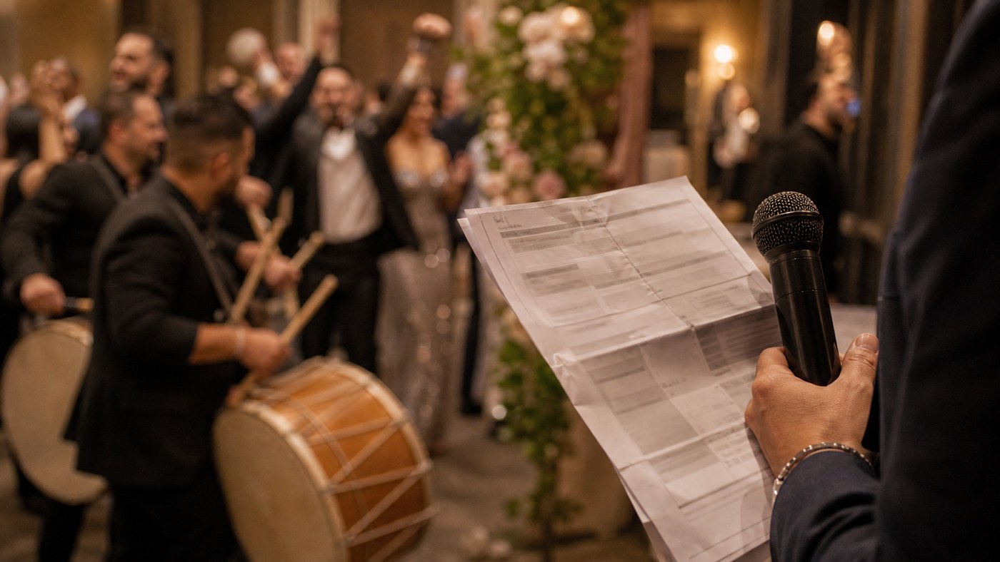 Close detail of a microphone and run sheet during a lively zaffe entrance