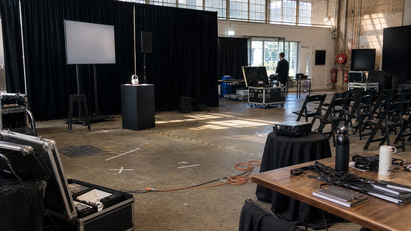Industrial product launch setup with AV cases and taped floor marks
