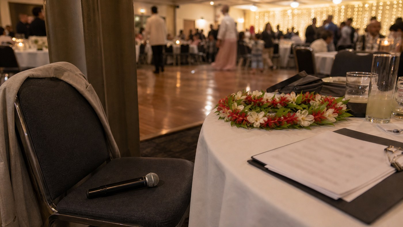 Microphone and floral lei near the edge of a Samoan wedding reception dance floor
