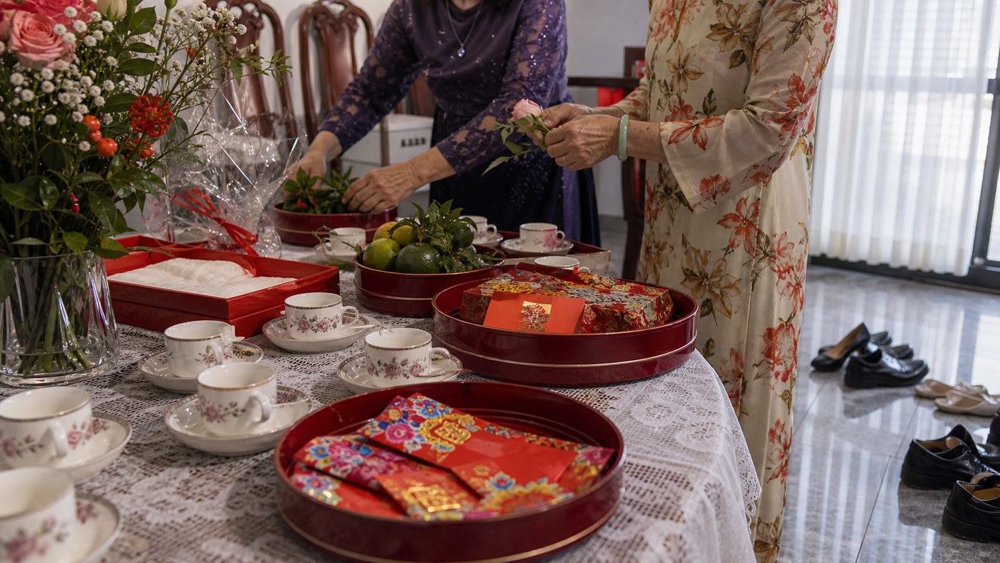 Vietnamese tea ceremony table being prepared by relatives in daytime