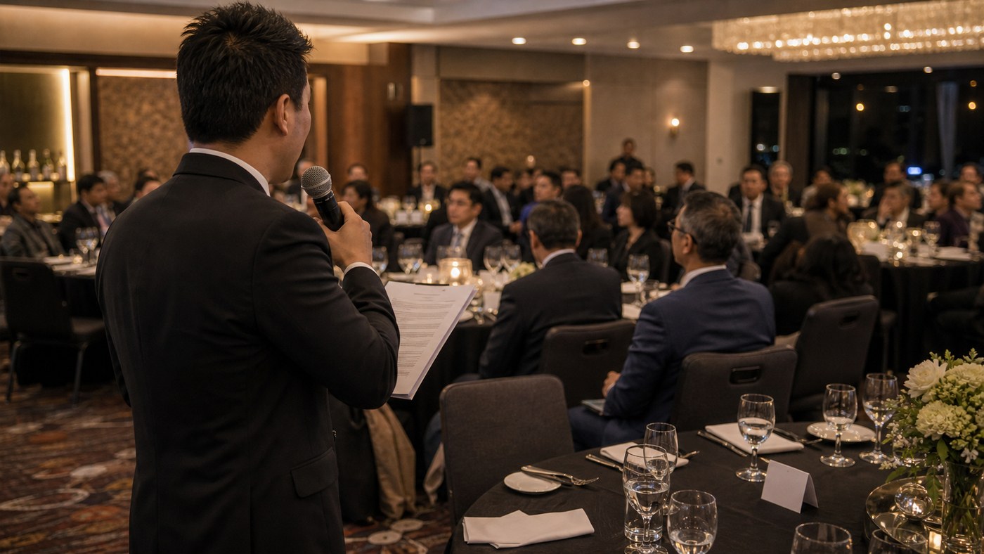 Bilingual MC speaking during a Chatswood corporate EOFY dinner