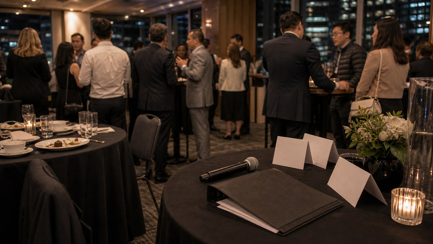 Chatswood tech EOFY guests networking after bilingual speeches with the microphone set aside