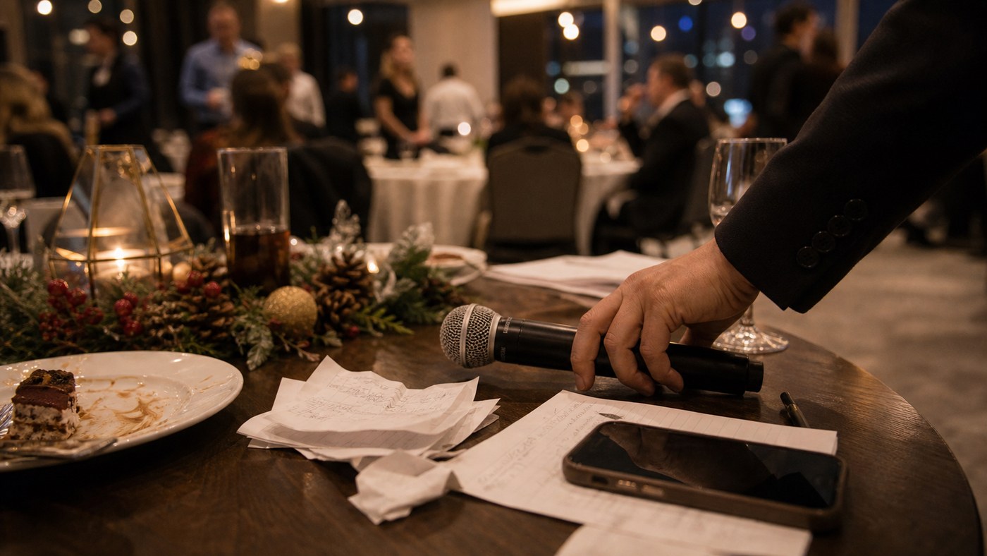 Messy party table with microphone, phone notes, and winter decorations after an MC moment