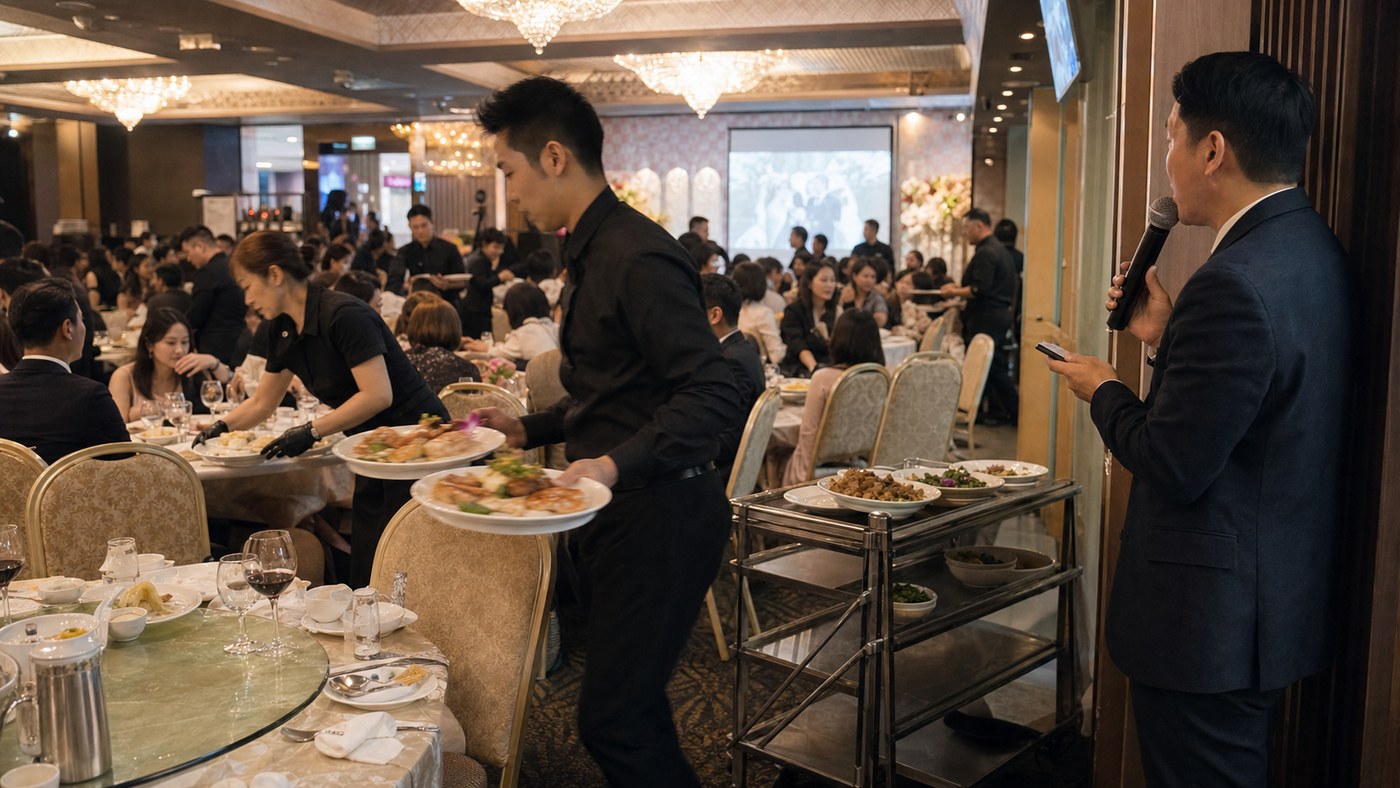 Busy Hurstville banquet wedding service with staff moving courses through a packed room