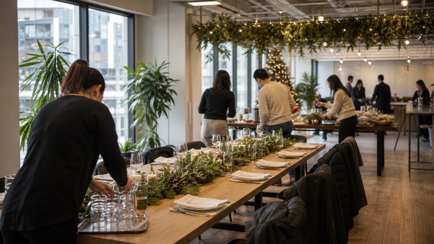 Daytime Sydney winter party setup with coworkers arranging a long table