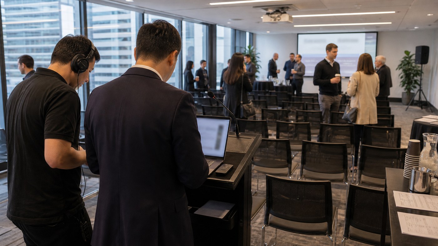 Natural 8AM conference room with coffee cups, delegates settling in, and an MC reviewing the schedule