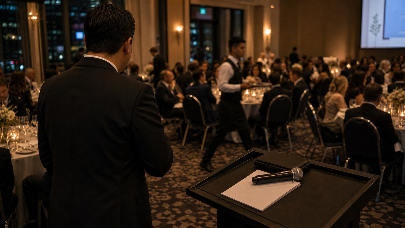 Behind-the-scenes corporate event stage with a microphone stand and evening lighting before guests enter