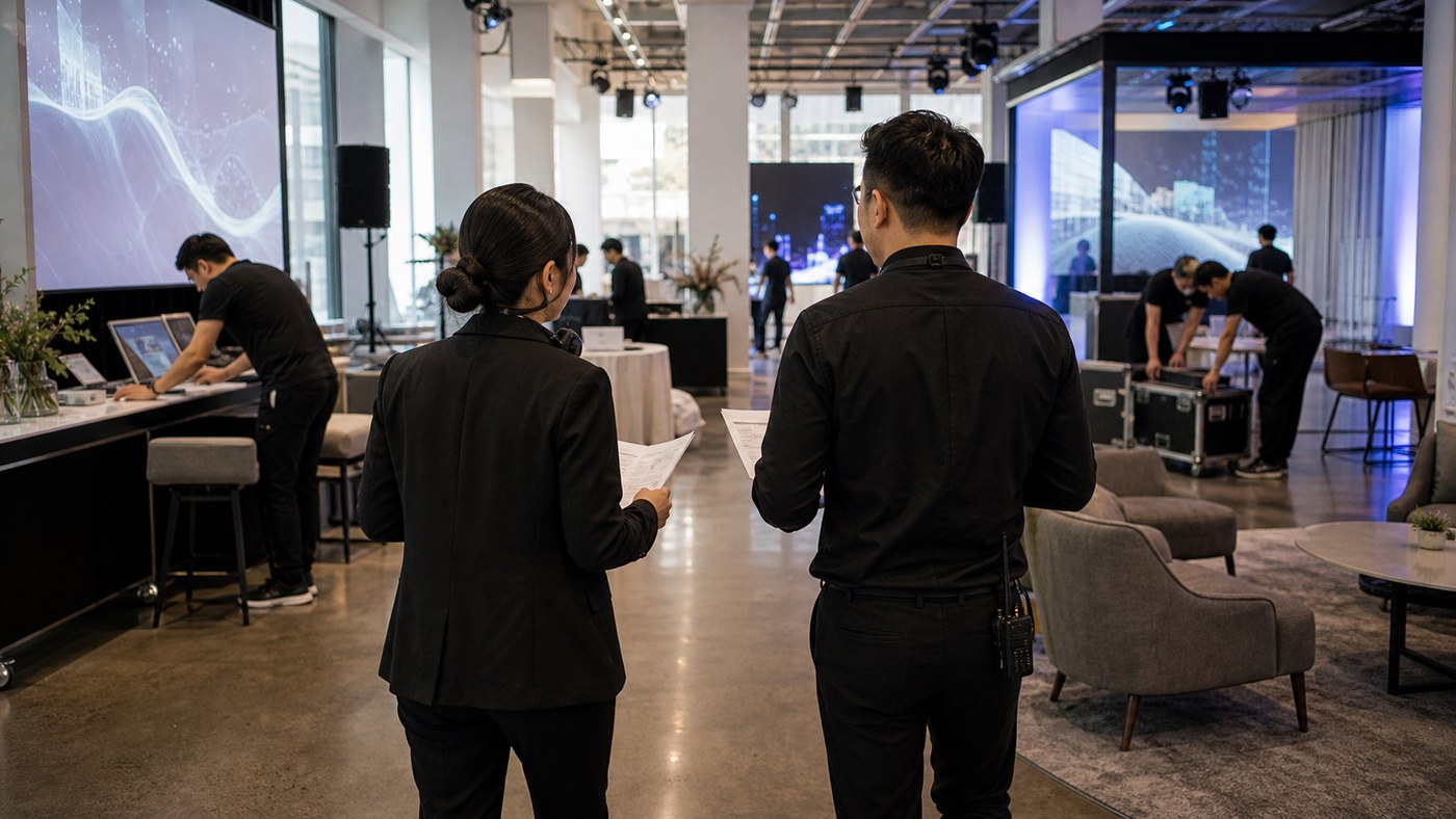 Daytime immersive corporate event setup with MC and producer walking through multiple zones