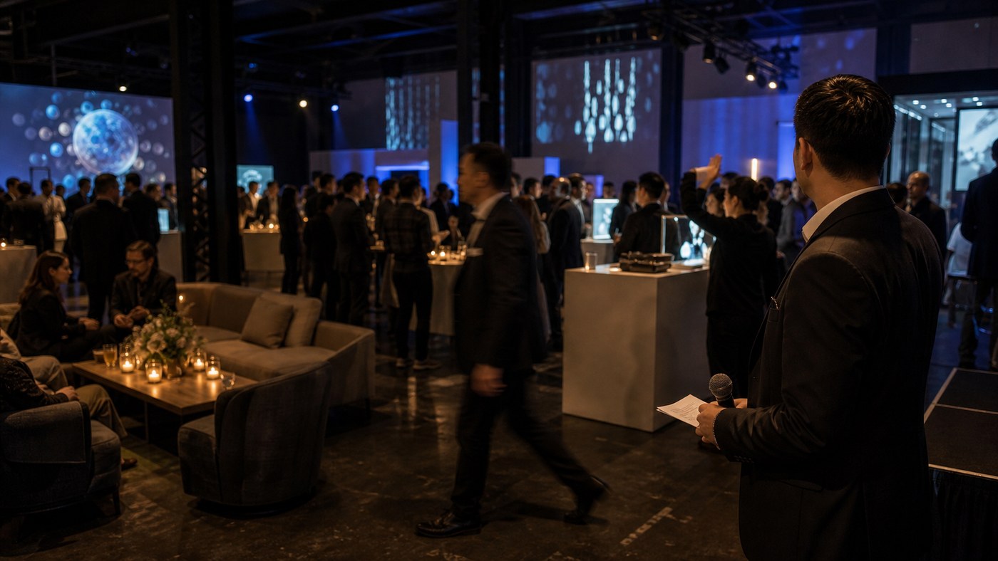Night immersive corporate event with MC watching guests move between projection and lounge zones
