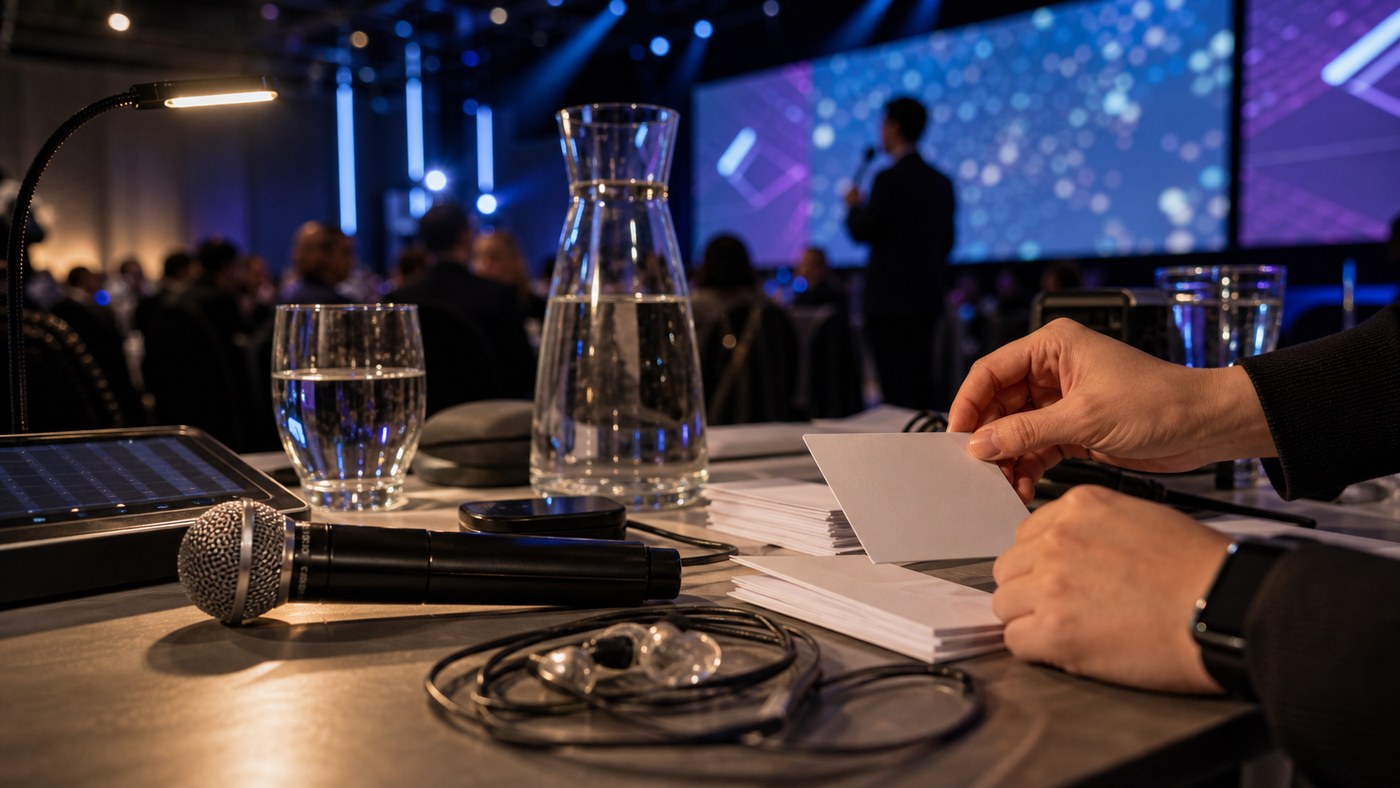 Close detail of microphone, blank cue cards, glasses, and projection glow during immersive event prep