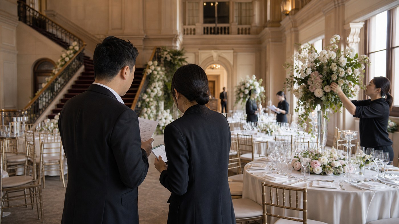 Daytime heritage-style Sydney wedding setup with MC and planner reviewing cue cards