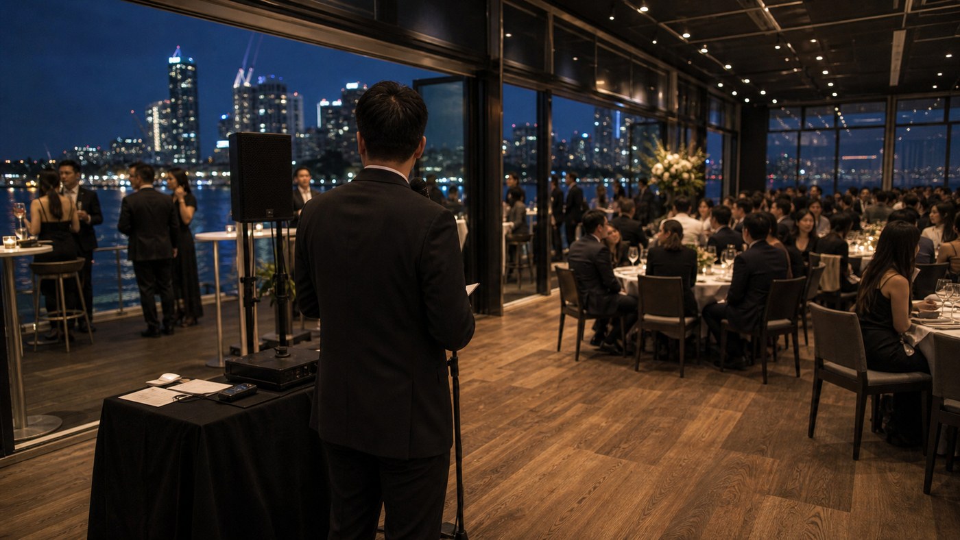 Night waterfront wedding venue with guests spread between balcony and dining room