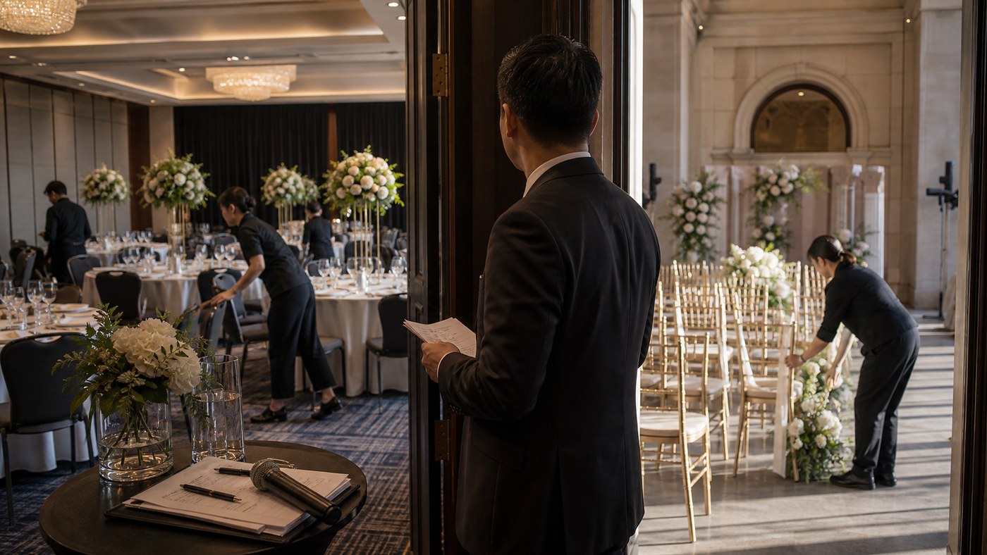 Wedding MC standing between two different venue spaces during a Sydney reception setup