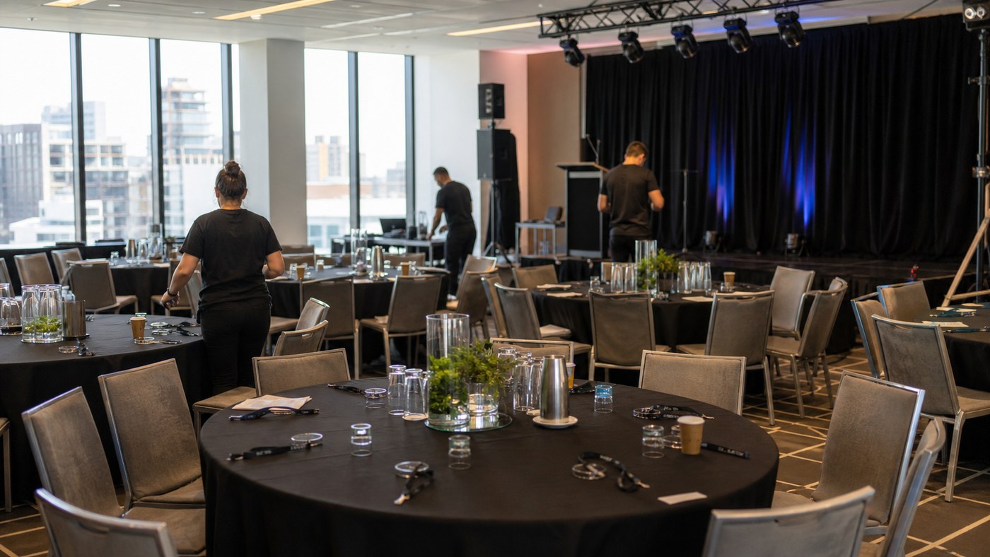 Daytime corporate awards setup with event staff preparing tables and stage lights