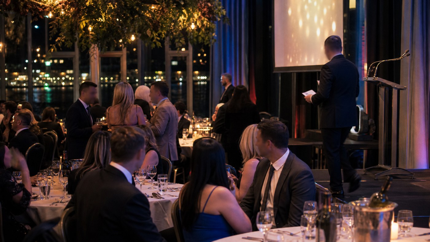 Candid evening awards dinner with guests seated near a waterside Sydney venue stage