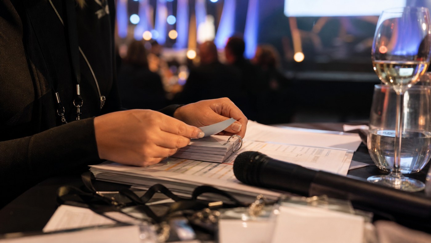 Close detail of awards-night cue cards, microphone, glassware, and blurred guests