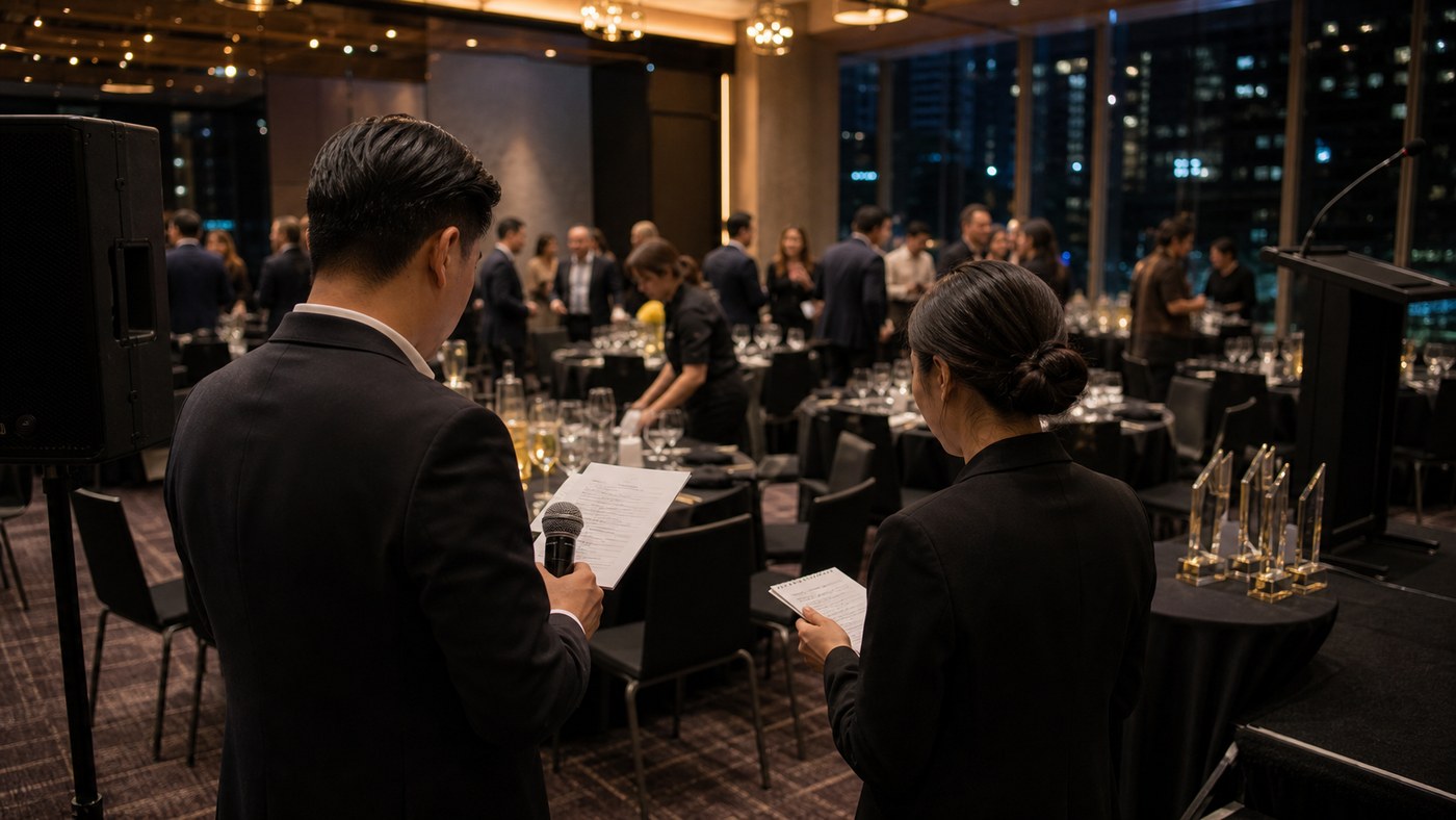 EOFY dinner setup with MC and organiser checking timing notes as guests arrive
