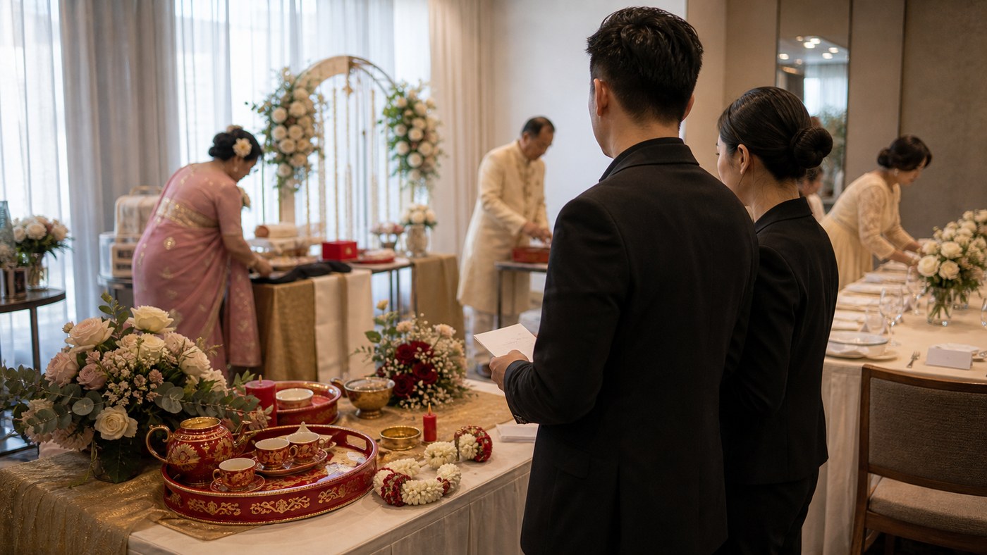 Daytime fusion wedding preparation with ceremony trays, flowers, and MC cue cards