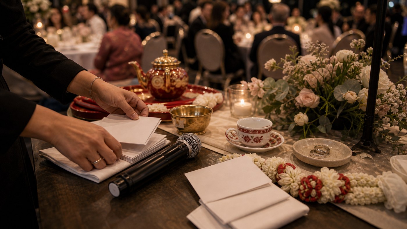 Fusion wedding detail with tea cups, flowers, microphone, and blank cue cards