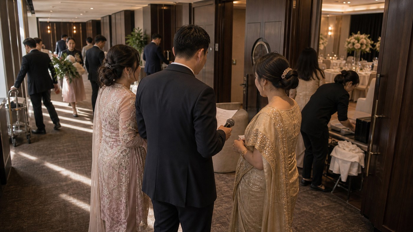 Fusion wedding hallway transition with MC coordinating family representatives and room changeover