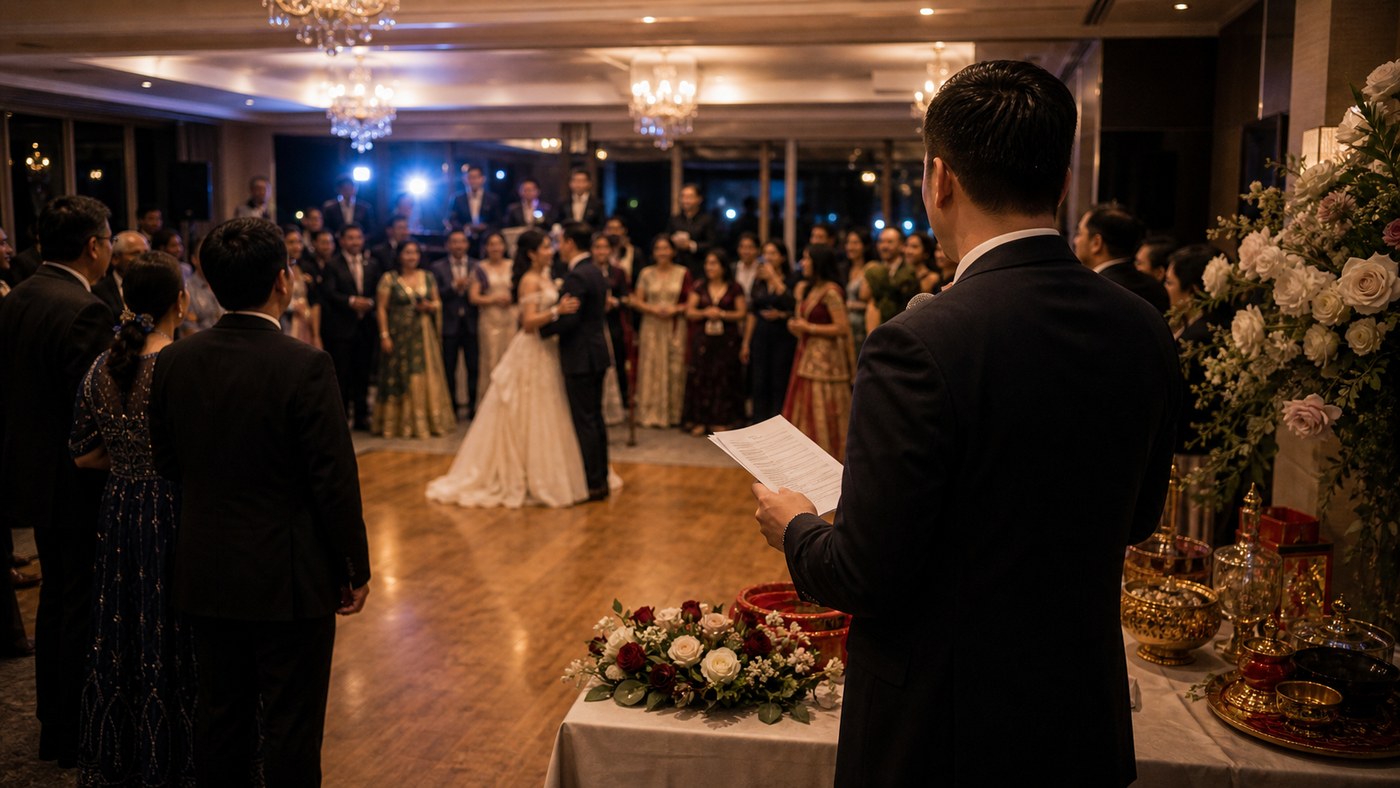 Night fusion wedding dance-floor transition with MC observing from the side