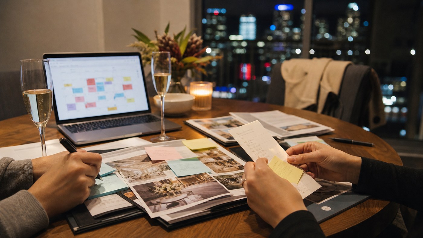 Nighttime apartment table with venue notes, calendar blocks, and wedding planning pressure