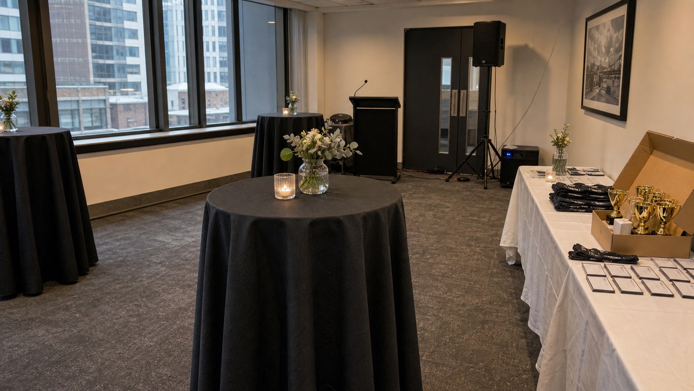 Daytime EOFY party room set before guests arrive