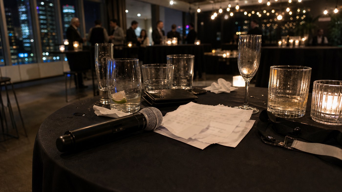 Microphone and cue cards left on a table after an EOFY speech