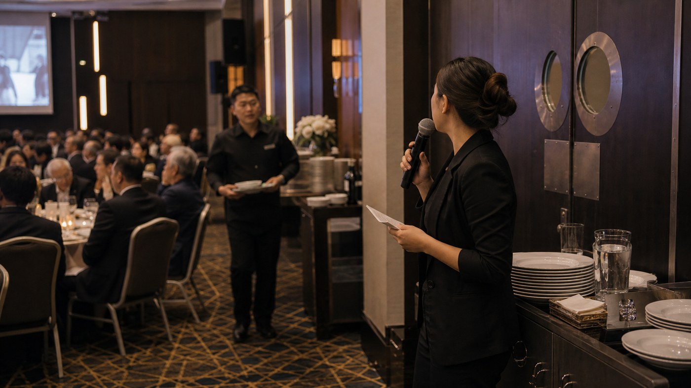 Venue staff member holding a microphone from the service area during an evening event