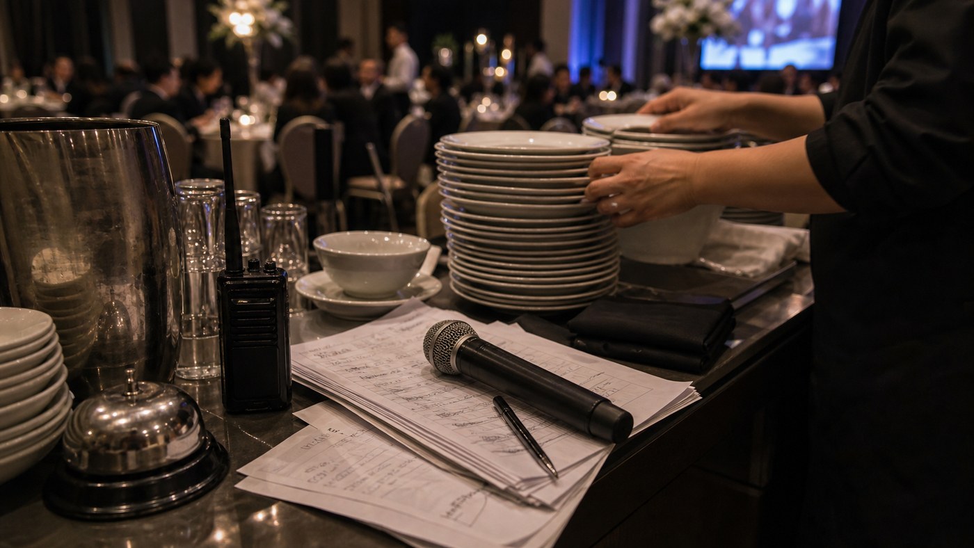 Function venue service station with stacked plates, microphone, radio, and run sheet