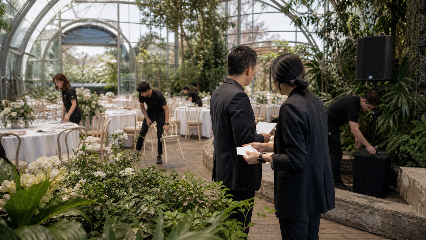 Daytime glasshouse venue setup with MC, planner, AV gear, and staff working around lush plants