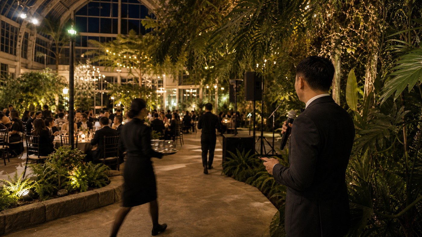 Nighttime botanical venue with guests spread between spaces and MC checking the microphone