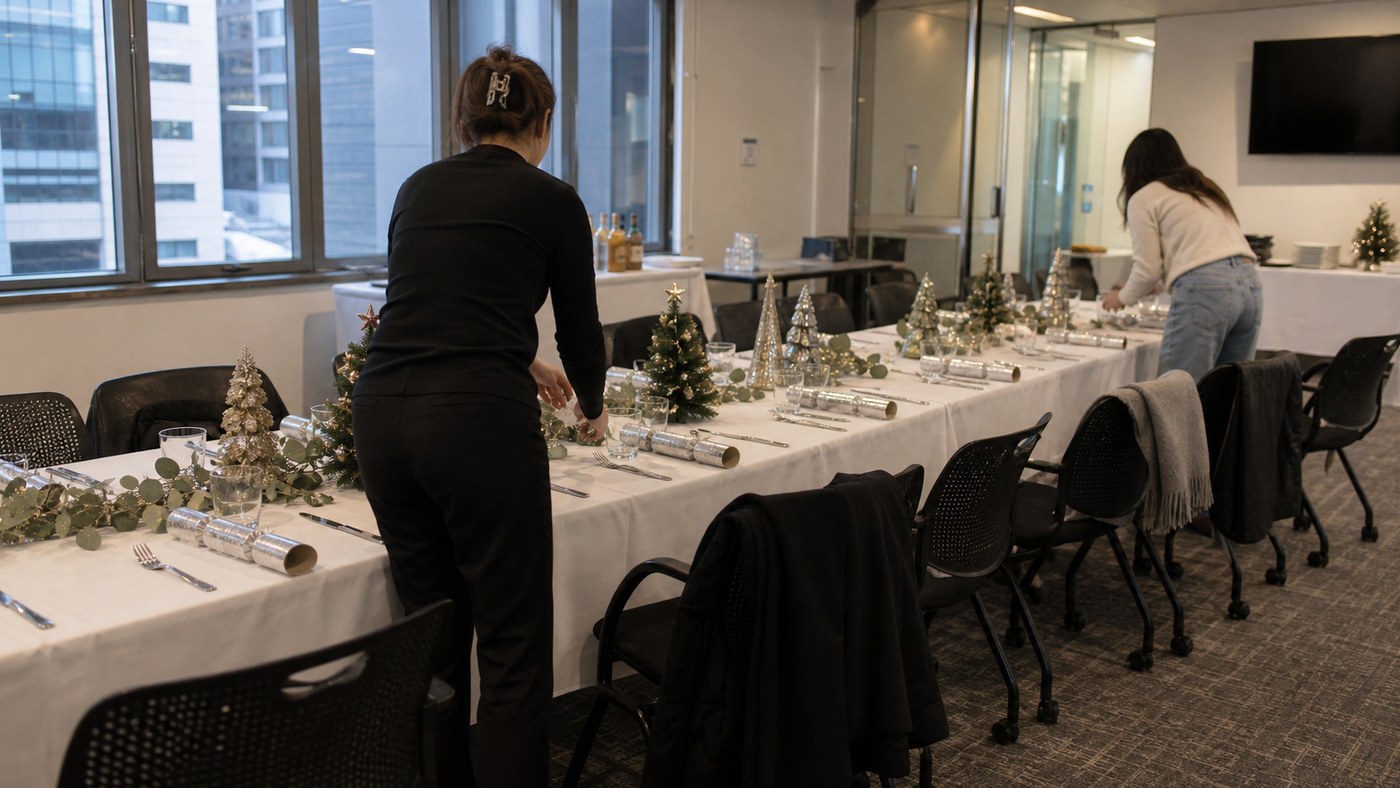 Staff setting a Christmas in July office party table in daytime
