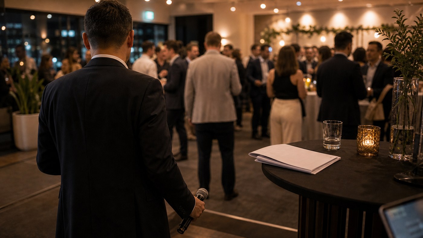 MC lowering the microphone after a short EOFY announcement in a Sydney corporate venue