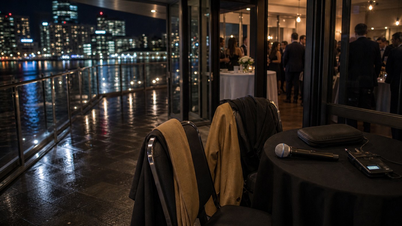 Night waterfront venue with guests by open doors and audio gear on a side table