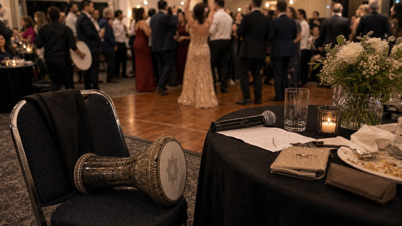 Natural reception detail of drums, movement, and guests forming a circle during a zaffe