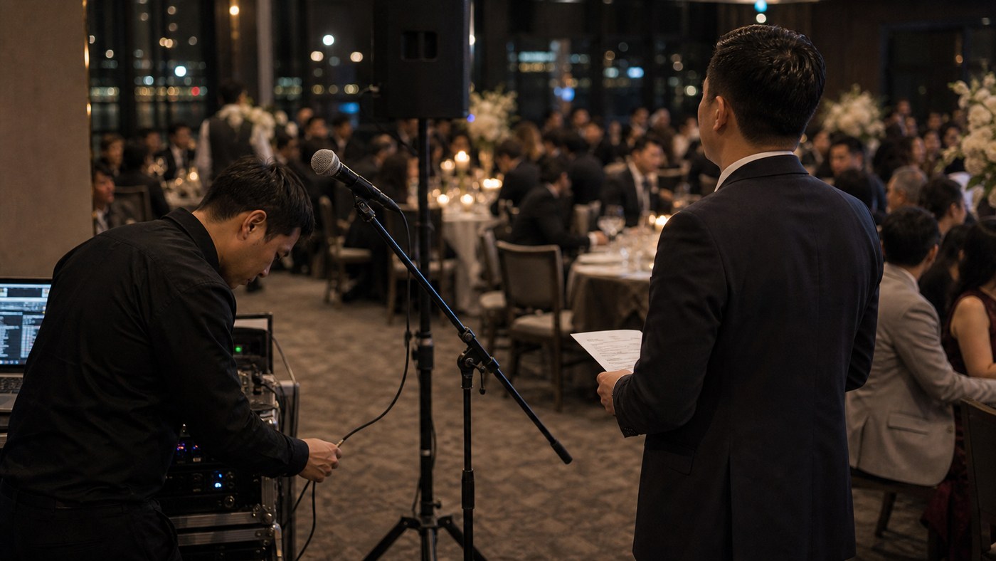 AV tech checking a microphone stand while an MC waits beside a reception room