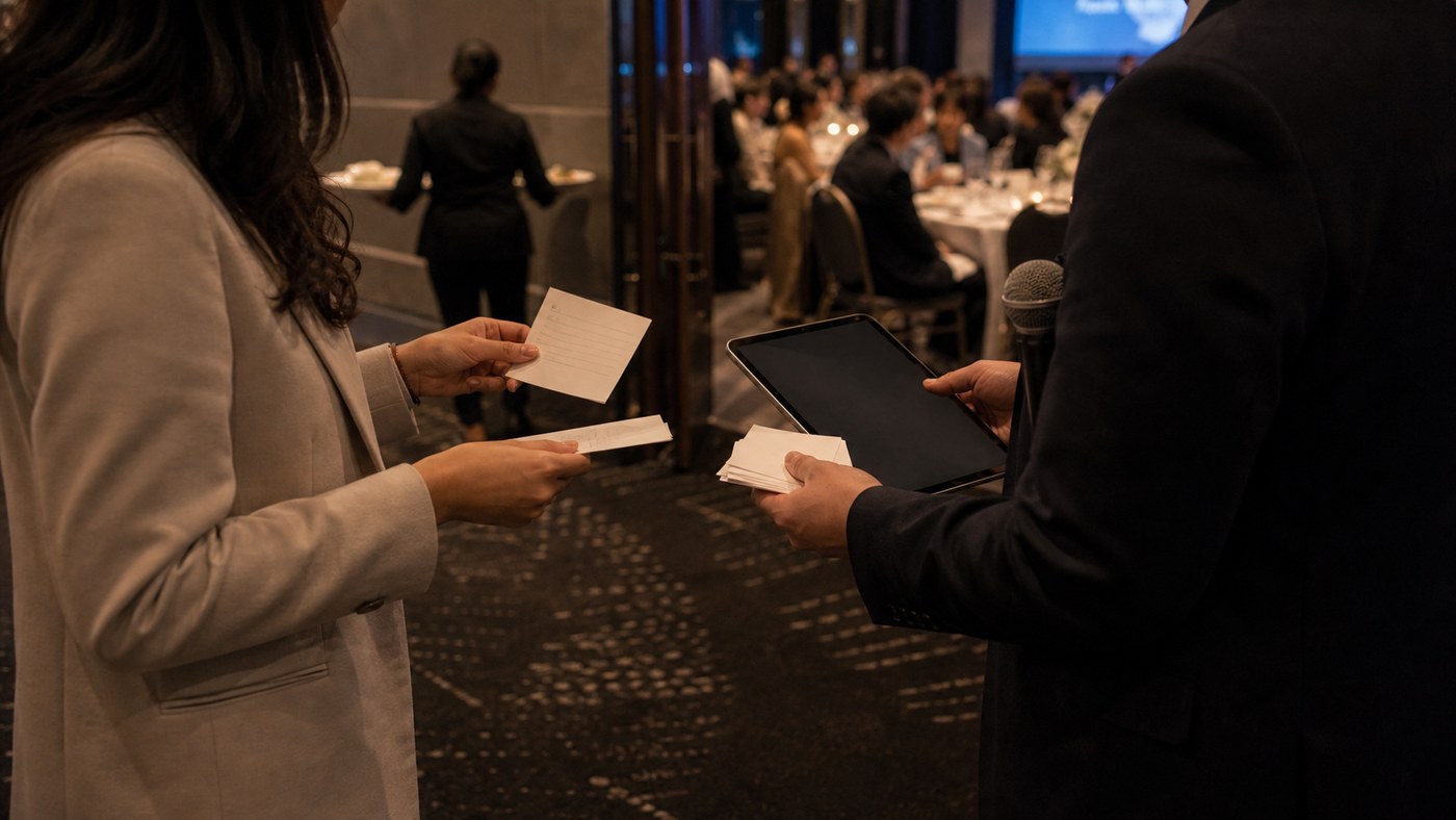 Planner and MC comparing cue cards in a venue corridor during a reception