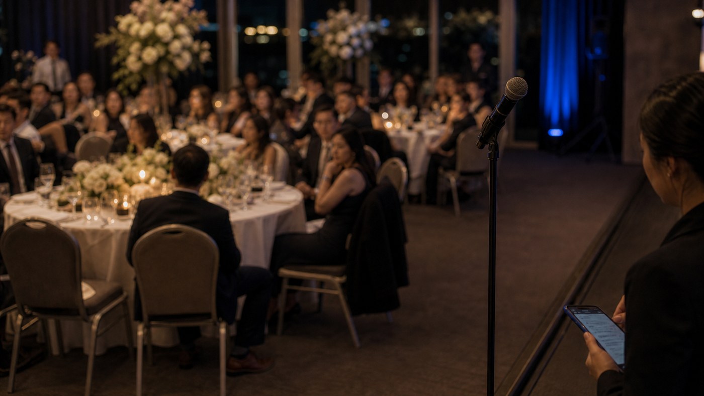 Empty microphone stand as guests wait for the next event cue