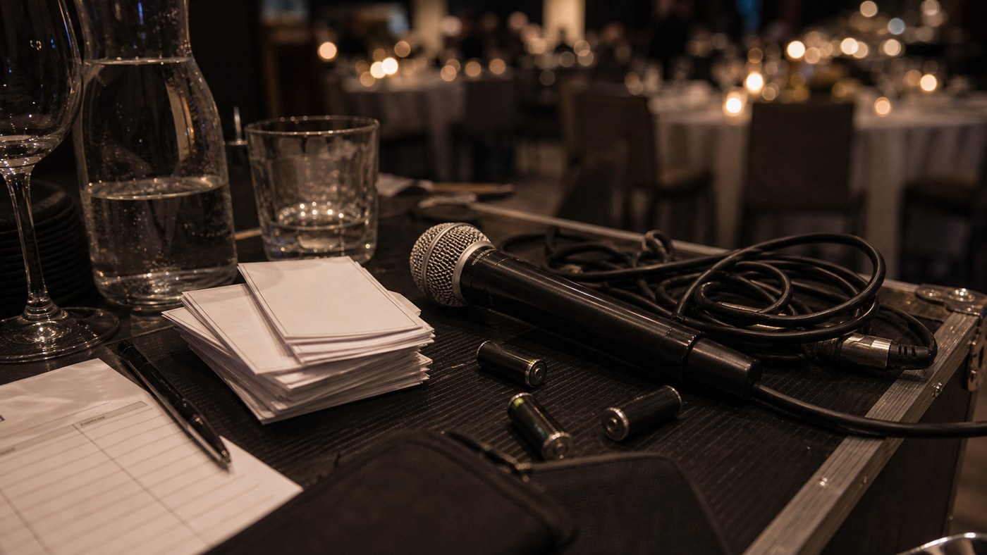 Post-speech table detail with unbranded microphone, blank cards, cable, and spare batteries