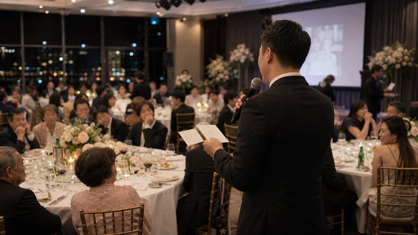 Single bilingual MC speaking warmly between family tables at a Sydney wedding