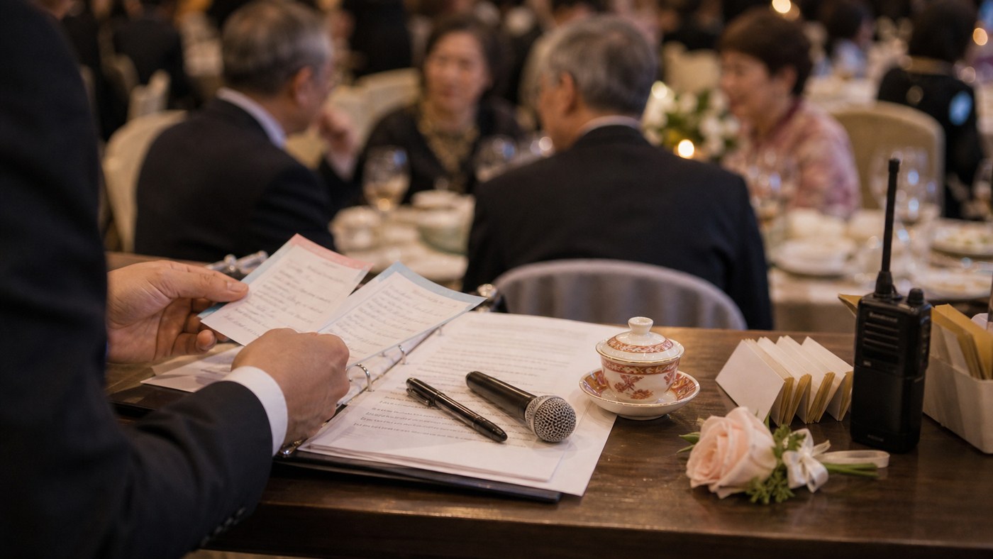 Bilingual wedding cue cards, microphone, and family table details during reception coordination