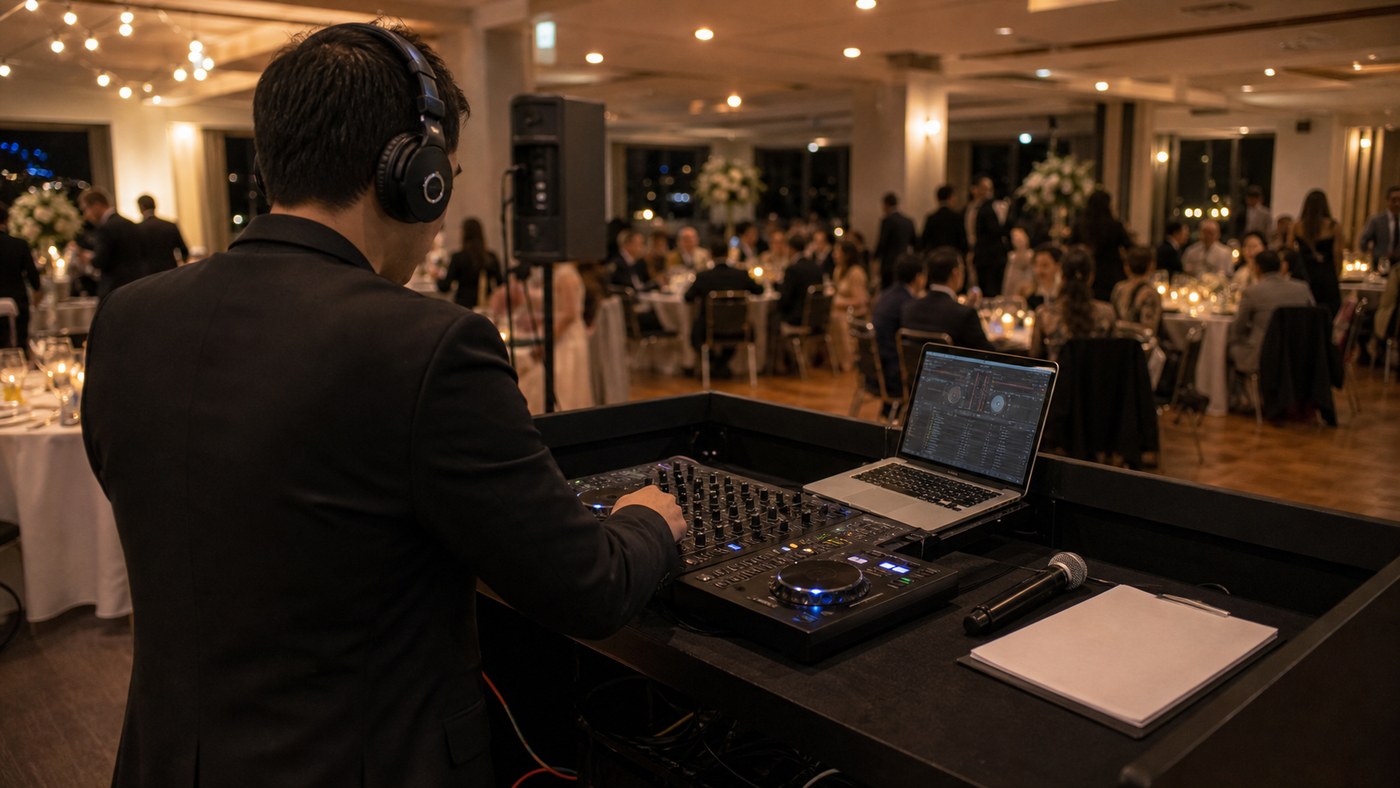 DJ booth with microphone and wedding timeline before reception entrances