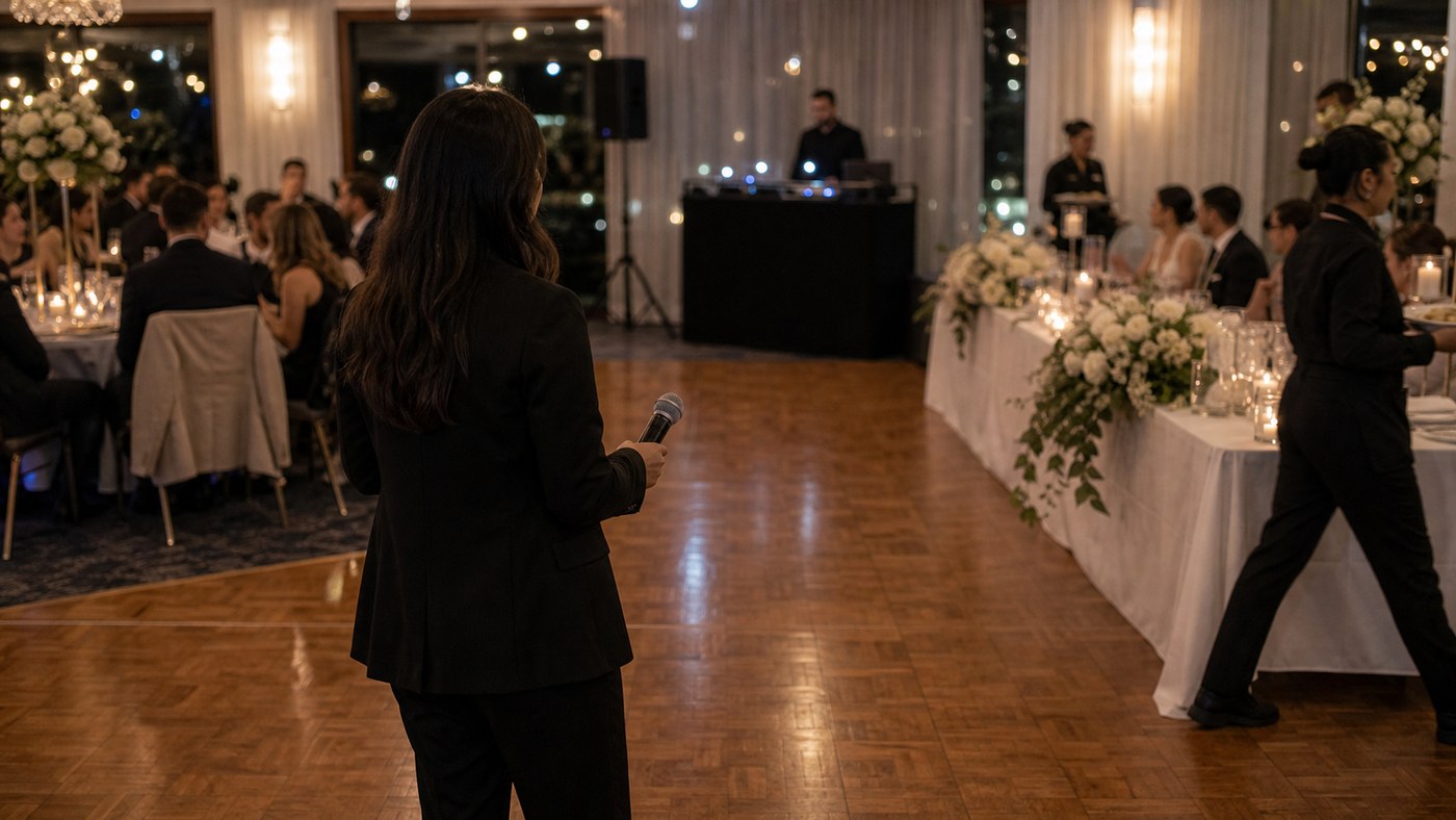 MC coordinating from the side of a wedding reception while the DJ booth sits across the room