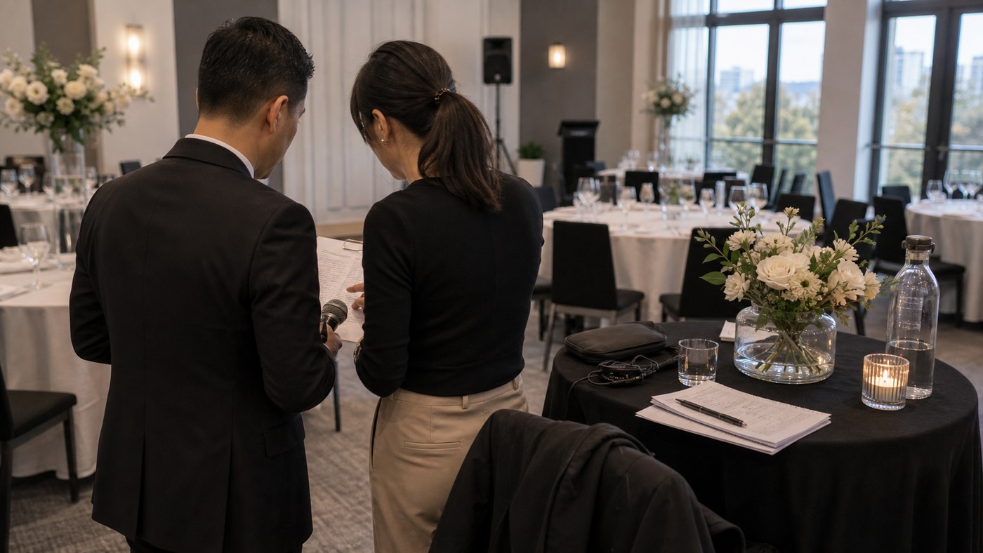 Natural wedding reception moment with guests listening warmly while the MC works from the side
